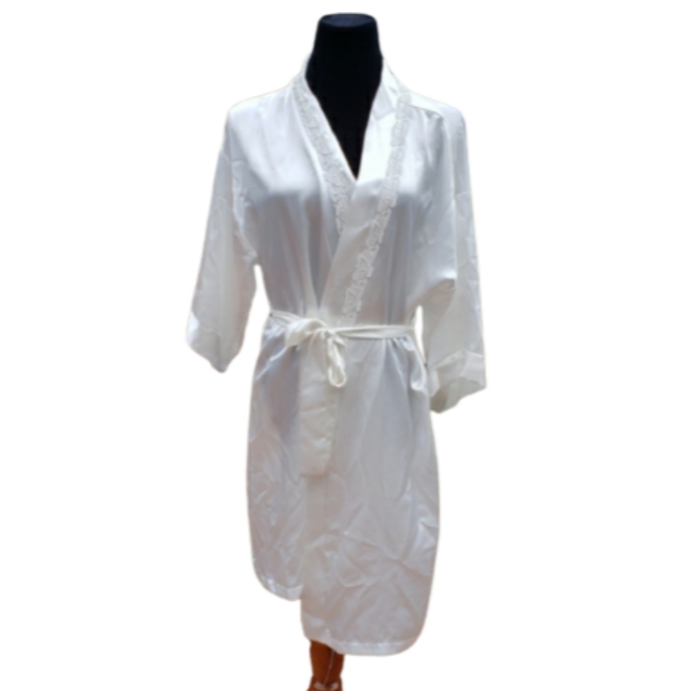 VINTAGE Kimono Silky Ivory Robe Sheer Lace Cardigan Sz L EUC